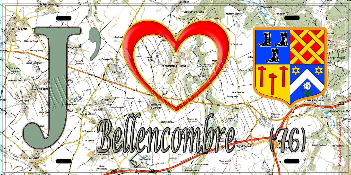 Plaque métal décorative 15X30 J' ❤️ Bellencombre, Seine Maritime (76) géo