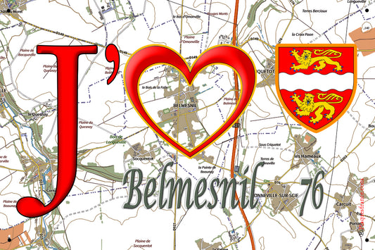Plaque métal décorative 20 cm x 30 cm J' ❤️ Belmesnil, Seine Maritime (76)