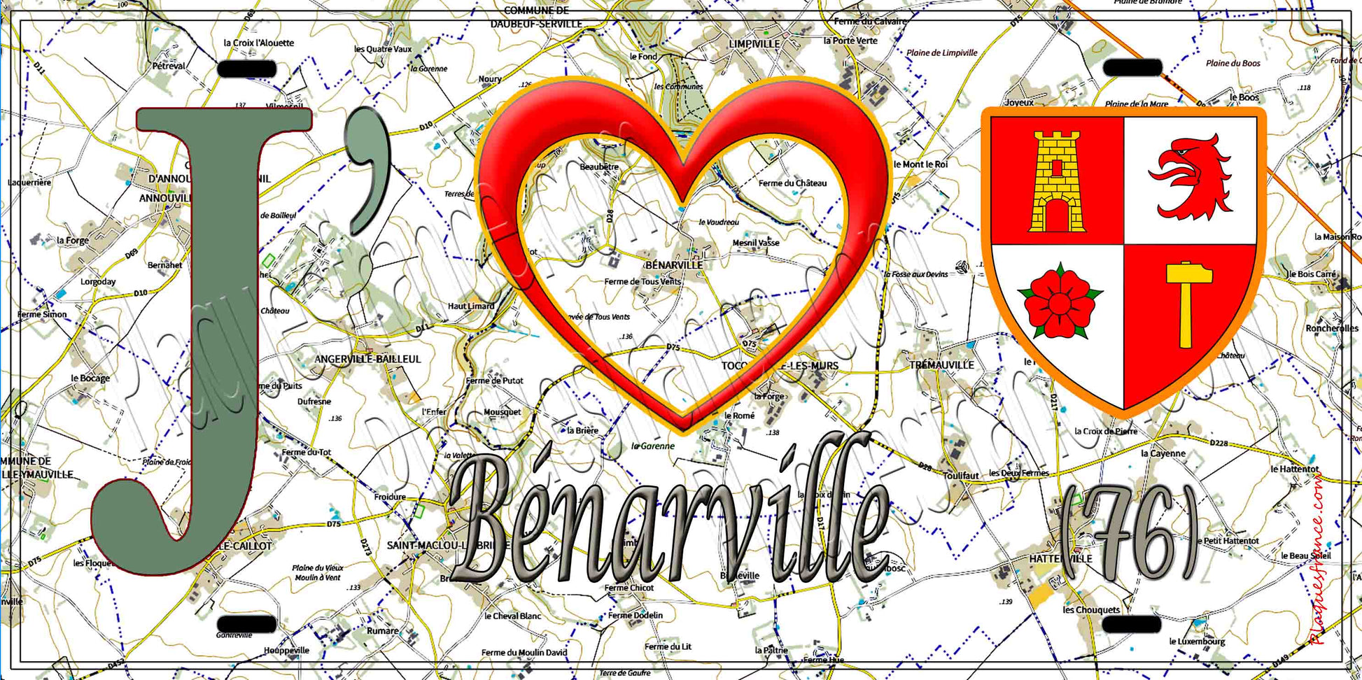 Plaque métal décorative 15X30 J' ❤️ Bénarville, Seine Maritime (76) géo