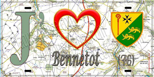 Plaque métal décorative 15X30 J' ❤️ Bennetot, Seine Maritime (76) géo