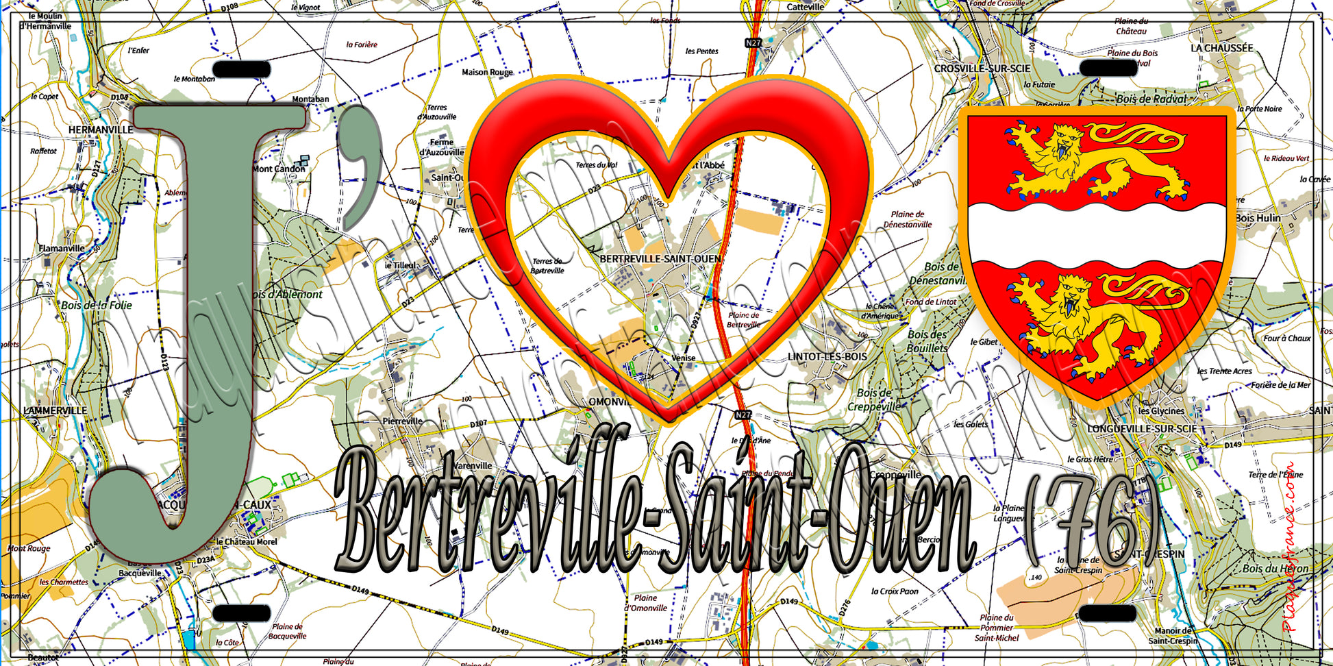Plaque métal décorative 15x30 J' ❤️ Bertreville-Saint-Ouen, Seine Maritime (76) géo