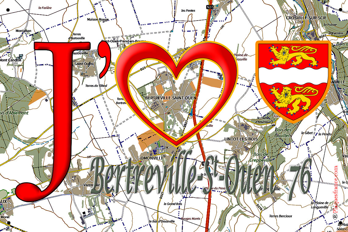 Plaque métal décorative 20 cm x 30 cm  J' ❤️ Bertreville-Saint-Ouen, Seine Maritime (76)
