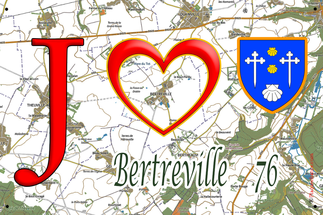 Plaque métal décorative 20 cm X 30 cm J' ❤️ Bertreville, Seine Maritime (76)