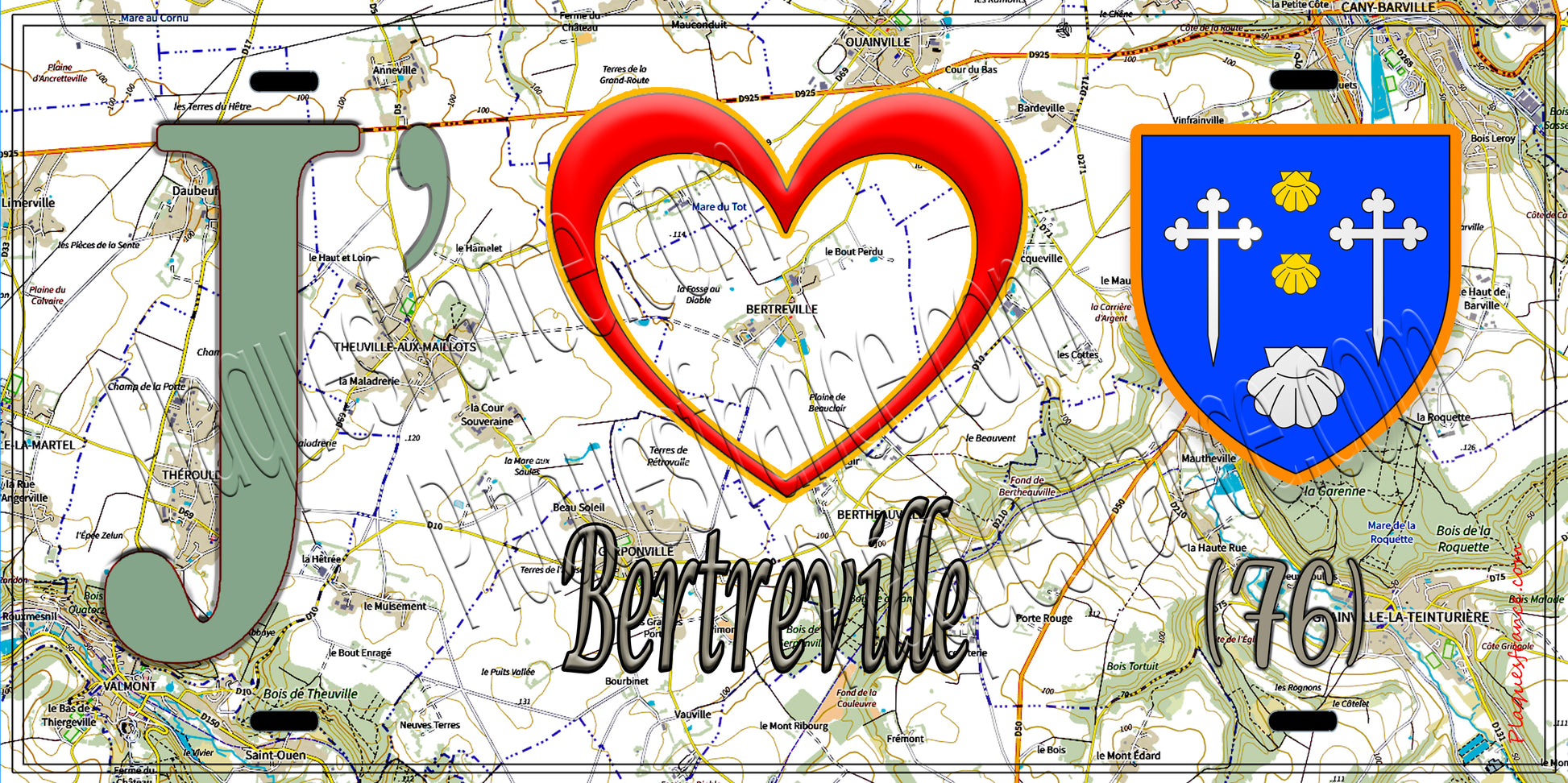 Plaque métal décorative 15X30 J' ❤️ Bertreville, Seine Maritime (76) géo