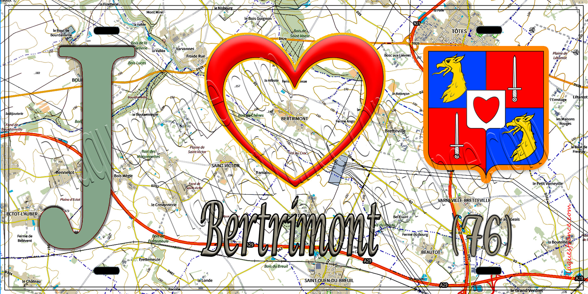 Plaque métal décorative 15x30 J' ❤️ Bertrimont, Seine Maritime (76) géo