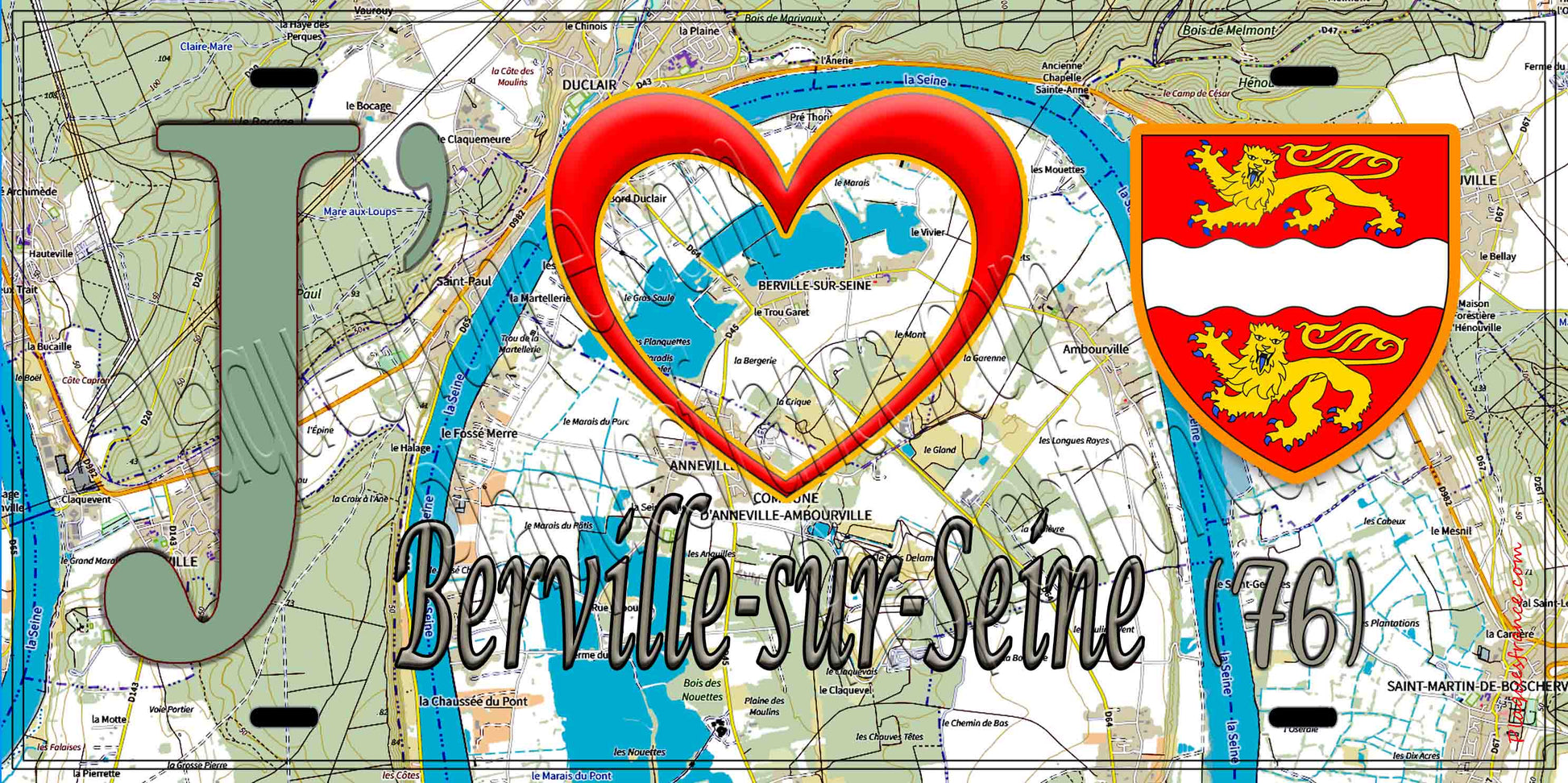 Plaque métal décorative 15X30 J' ❤️ Berville-sur-Seine, Seine Maritime (76)