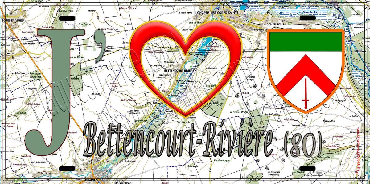 Plaque métal décorative 15X30 J' ❤️ Bettencourt-Rivière, Somme (80) geo