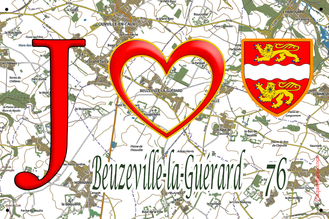 Plaque métal décorative 20 cm x 30 cm J' ❤️ Beuzeville-la-Guérard, Seine Maritime (76)