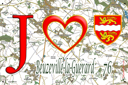 Plaque métal décorative 20 cm x 30 cm J' ❤️ Beuzeville-la-Guérard, Seine Maritime (76)