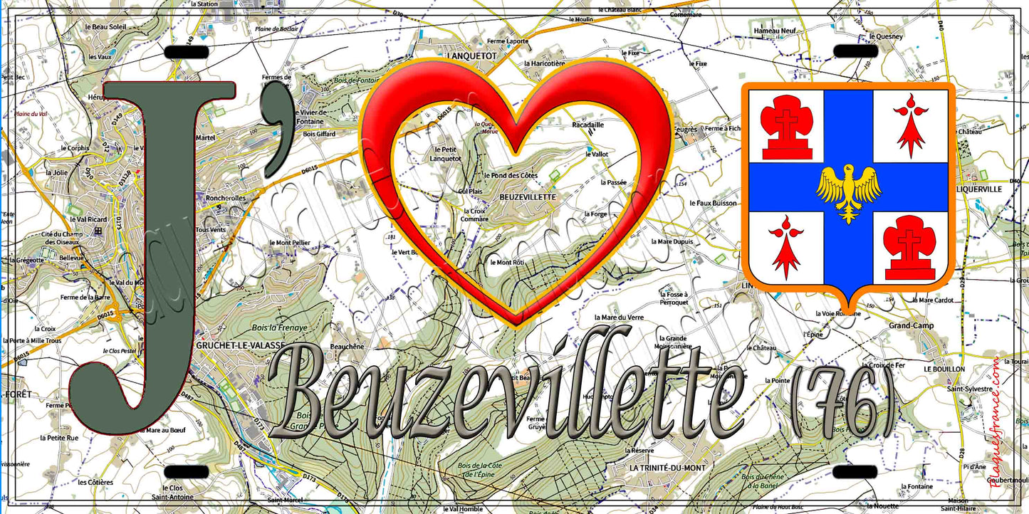 Plaque métal décorative 15X30 J' ❤️ Beuzevillette, Seine Maritime (76) géo