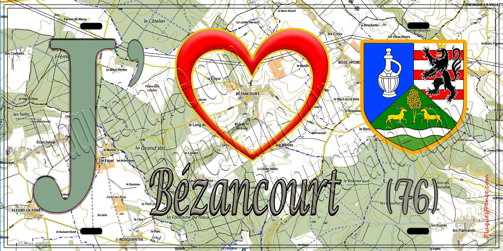 Plaque métal décorative 15X30 J' ❤️ Bézancourt, Seine Maritime (76) géo