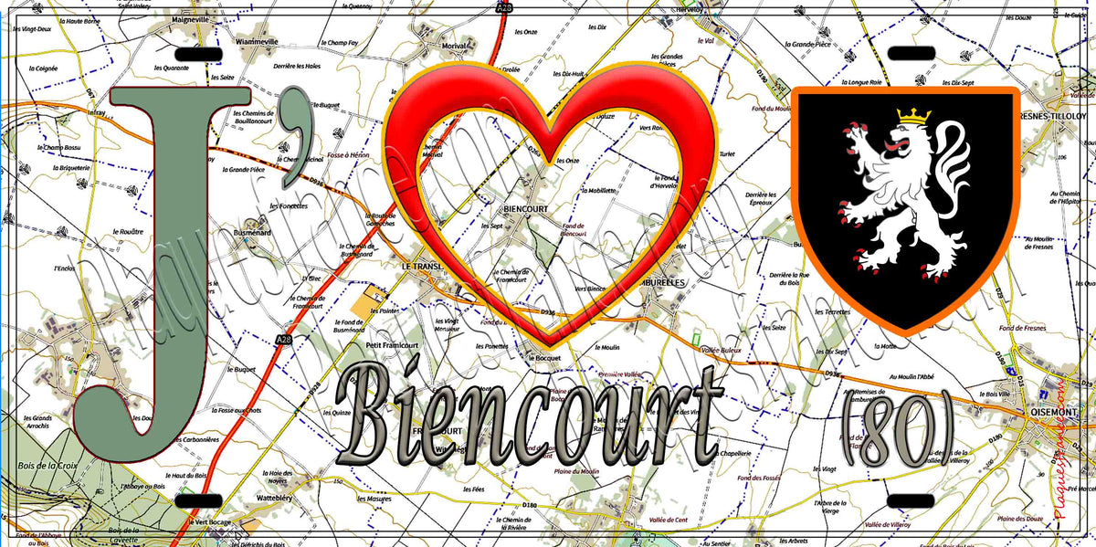 Plaque métal décorative 15X30 J' ❤️ Biencourt, Somme (80) géo