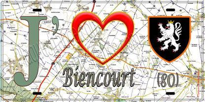 Plaque métal décorative 15X30 J' ❤️ Biencourt, Somme (80) géo