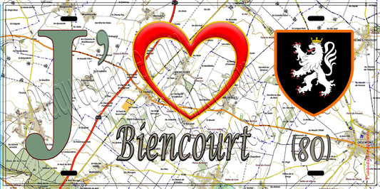 Plaque métal décorative 15X30 J' ❤️ Biencourt, Somme (80) géo