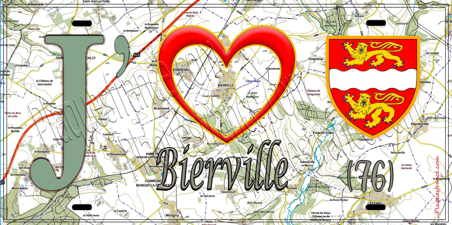 Plaque métal décorative 15X30 J' ❤️ Bierville, Seine Maritime (76) géo
