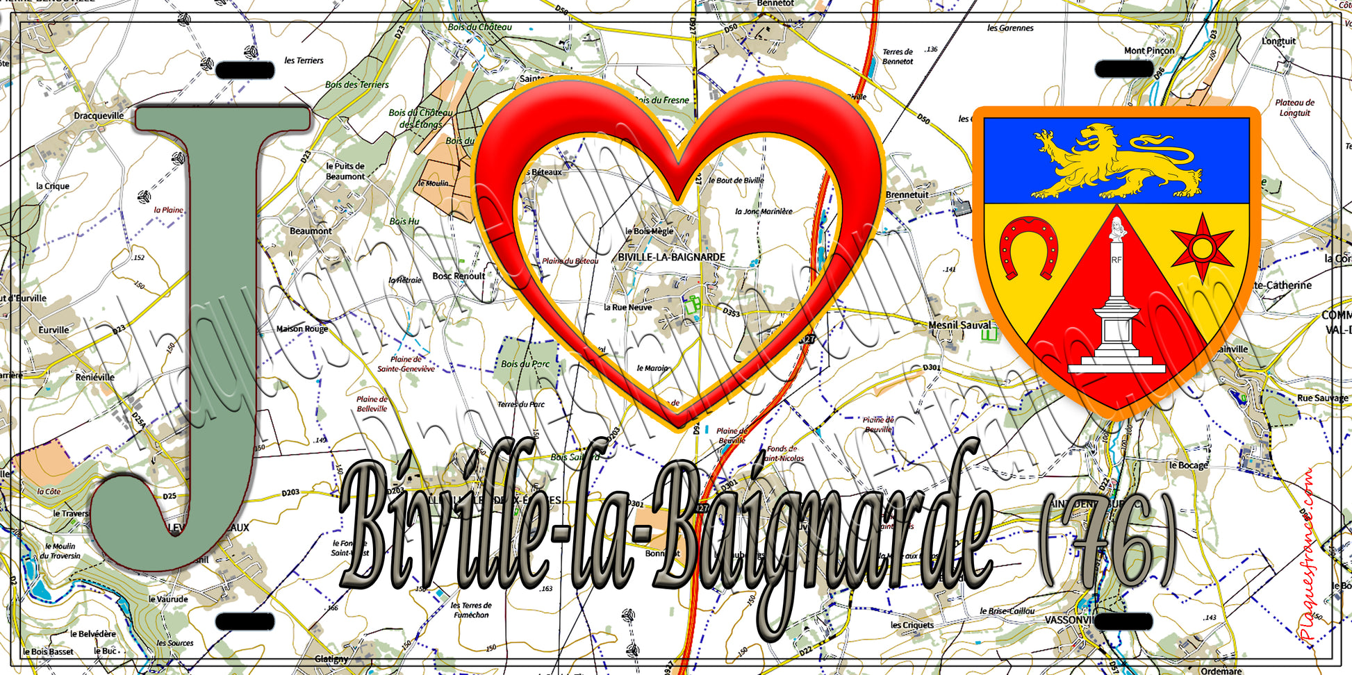 Plaque métal décorative 15x30 J' ❤️ Biville-la-Baignarde, Seine Maritime (76) géo