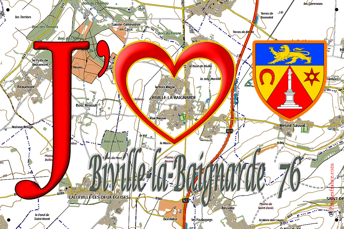 Plaque métal décorative 20 cm x 30 cm  J' ❤️ Biville-la-Baignarde, Seine Maritime (76)