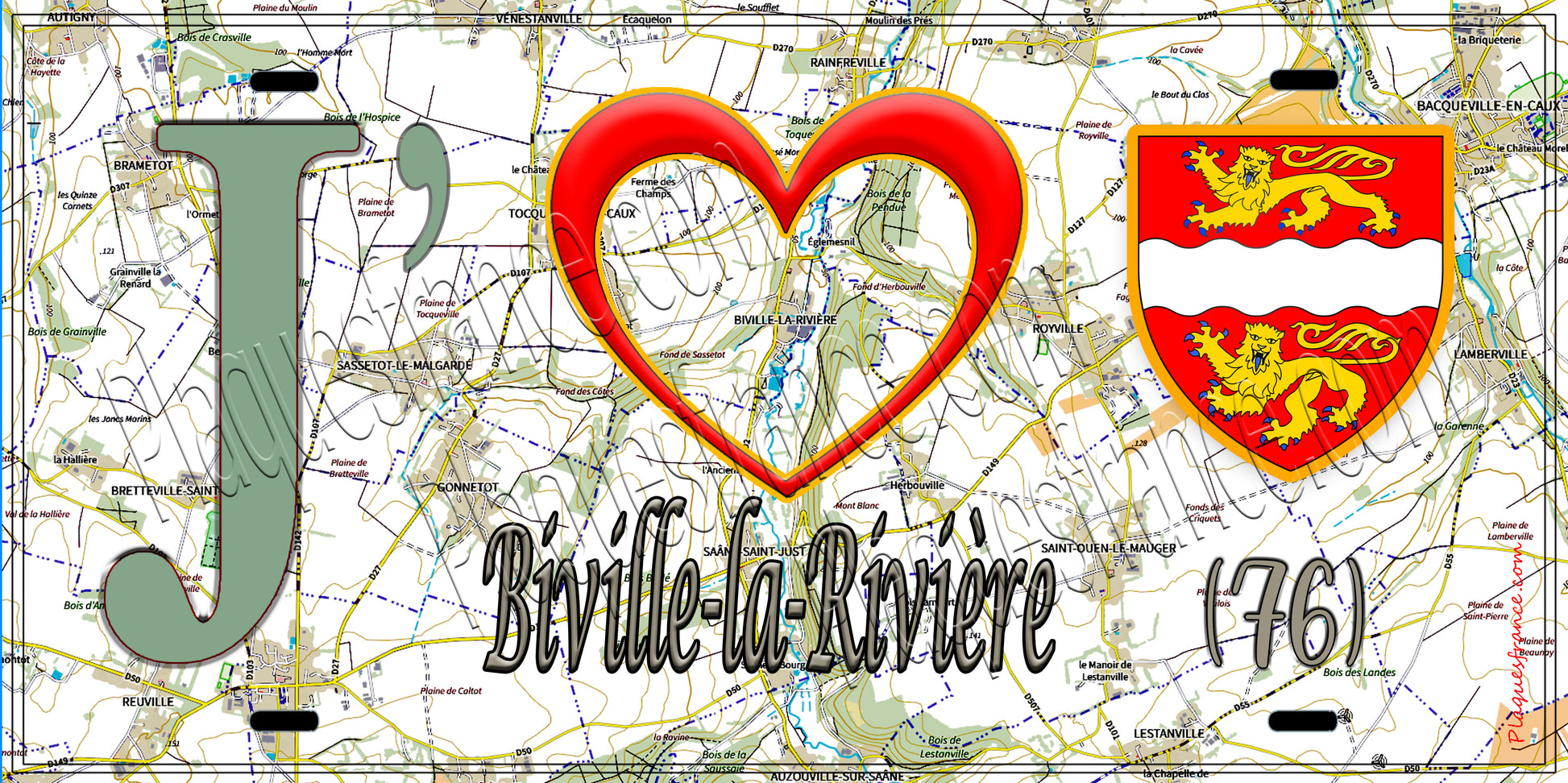 Plaque métal décorative 15x30 J' ❤️ Biville-la-Rivière, Seine Maritime (76) géo