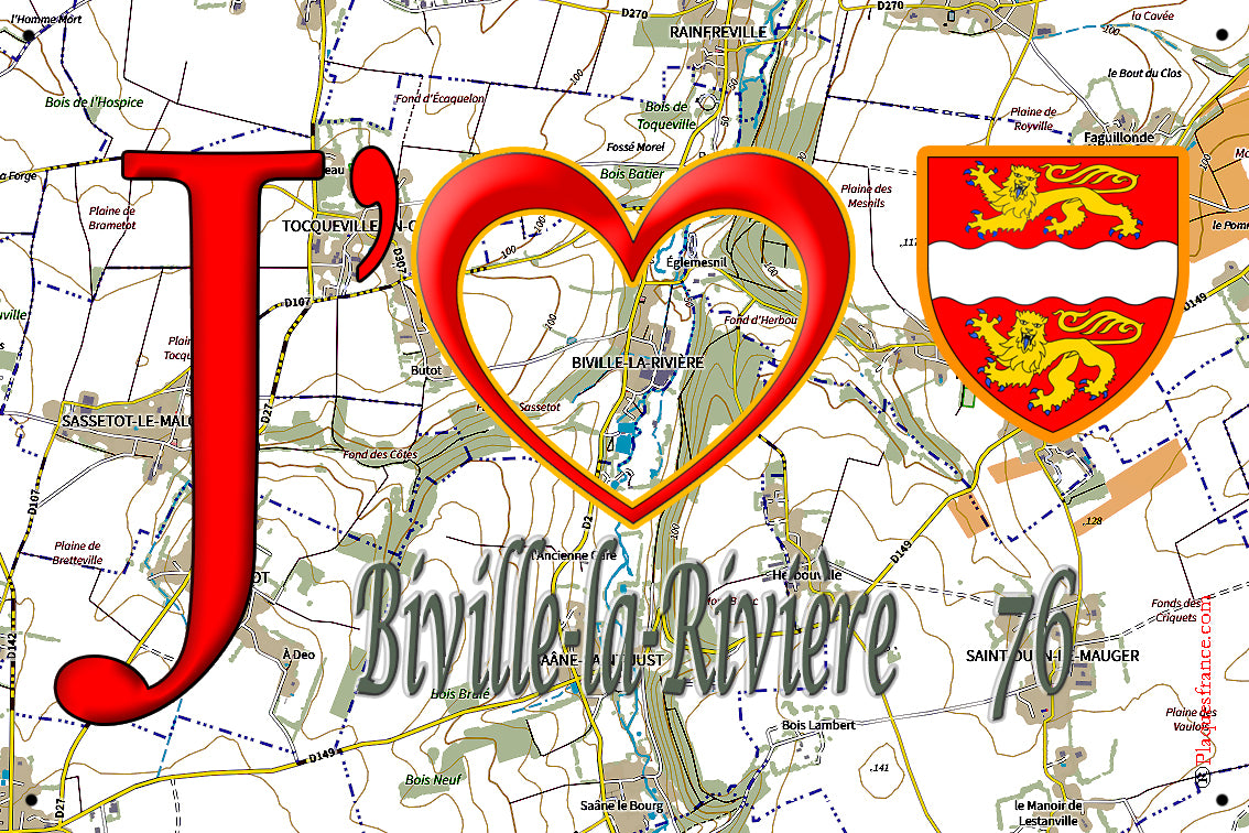 Plaque métal décorative 20 cm x 30 cm J' ❤️ Biville-la-Rivière, Seine Maritime (76)