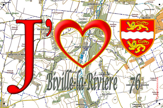 Plaque métal décorative 20 cm x 30 cm J' ❤️ Biville-la-Rivière, Seine Maritime (76)