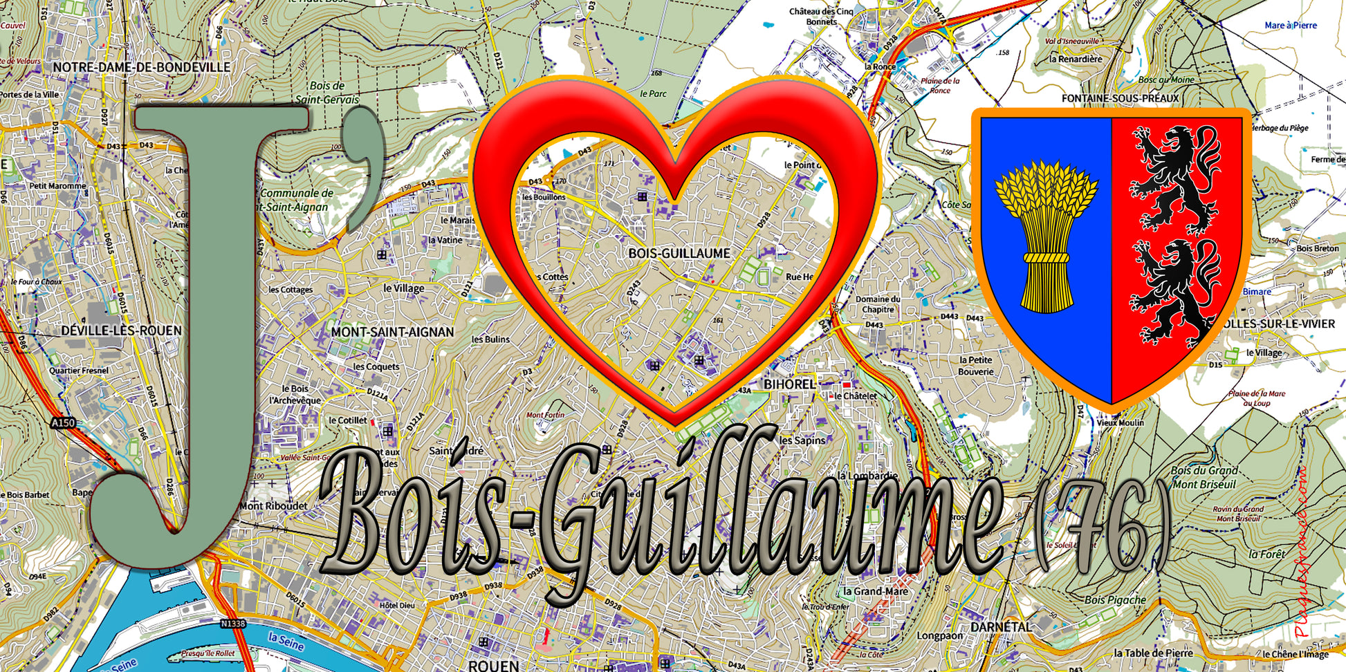 Plaque métal décorative 15X30 J' ❤️ Bois-Guillaume, Seine Maritime (76) geo