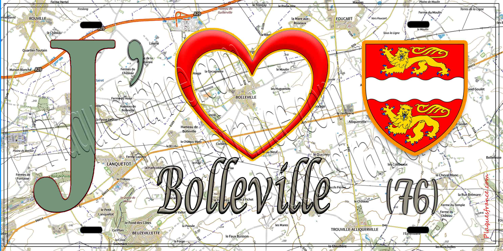 Plaque métal décorative 15X30 J' ❤️ Bolleville, Seine Maritime (76) geo