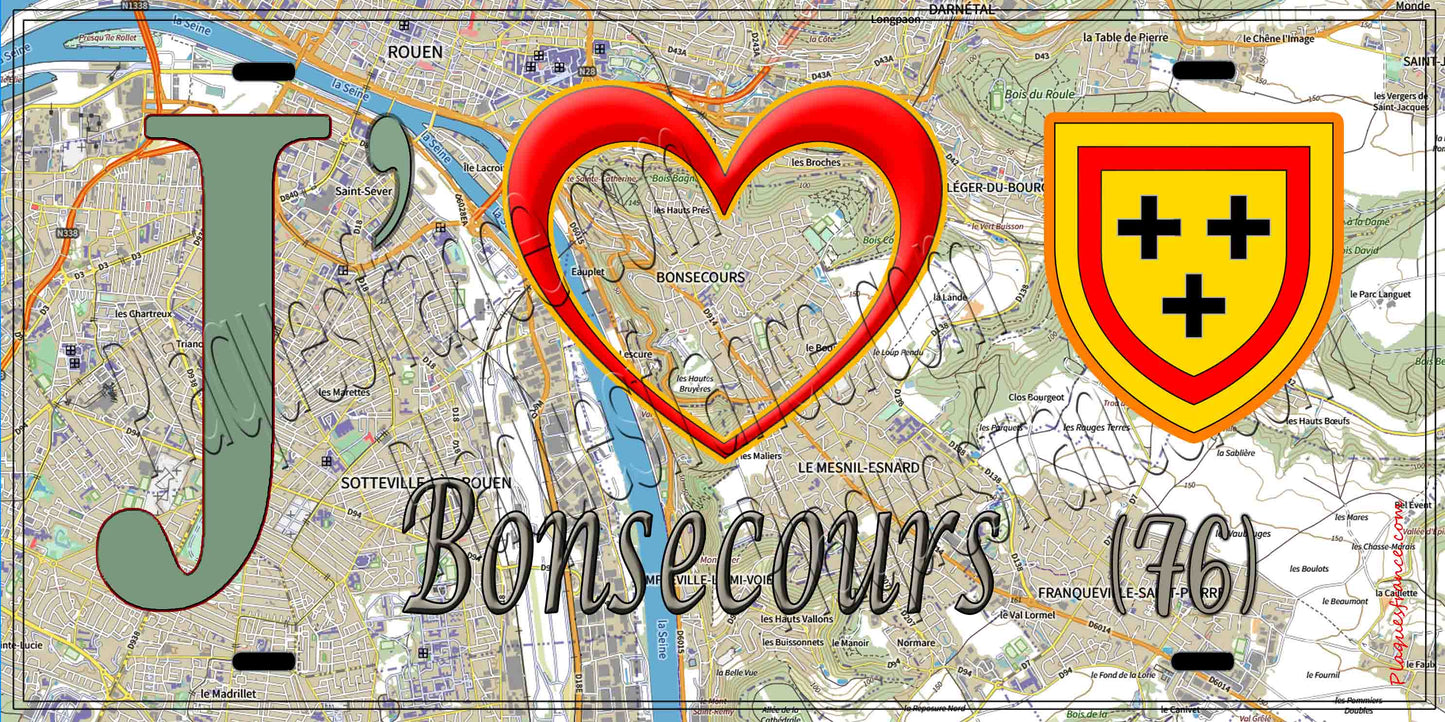 Plaque métal décorative 15X30 J' ❤️ Bonsecours, Seine Maritime (76) géo
