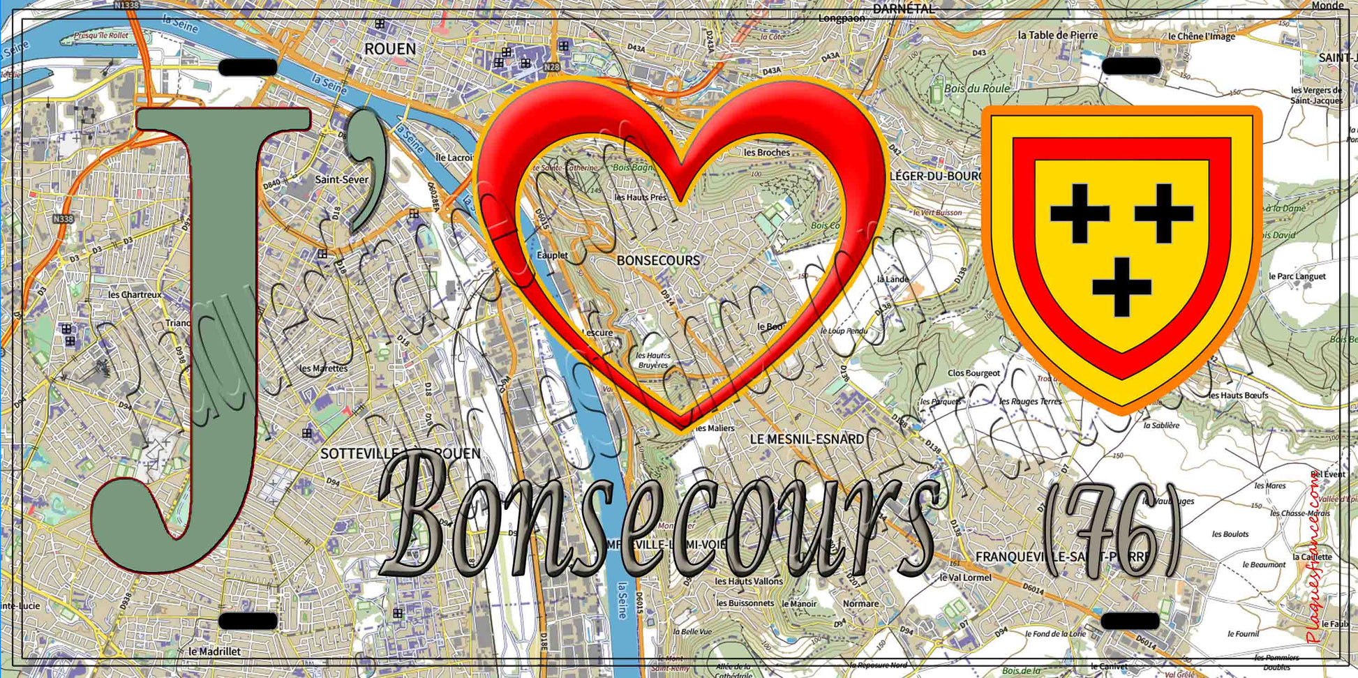 Plaque métal décorative 15X30 J' ❤️ Bonsecours, Seine Maritime (76) géo