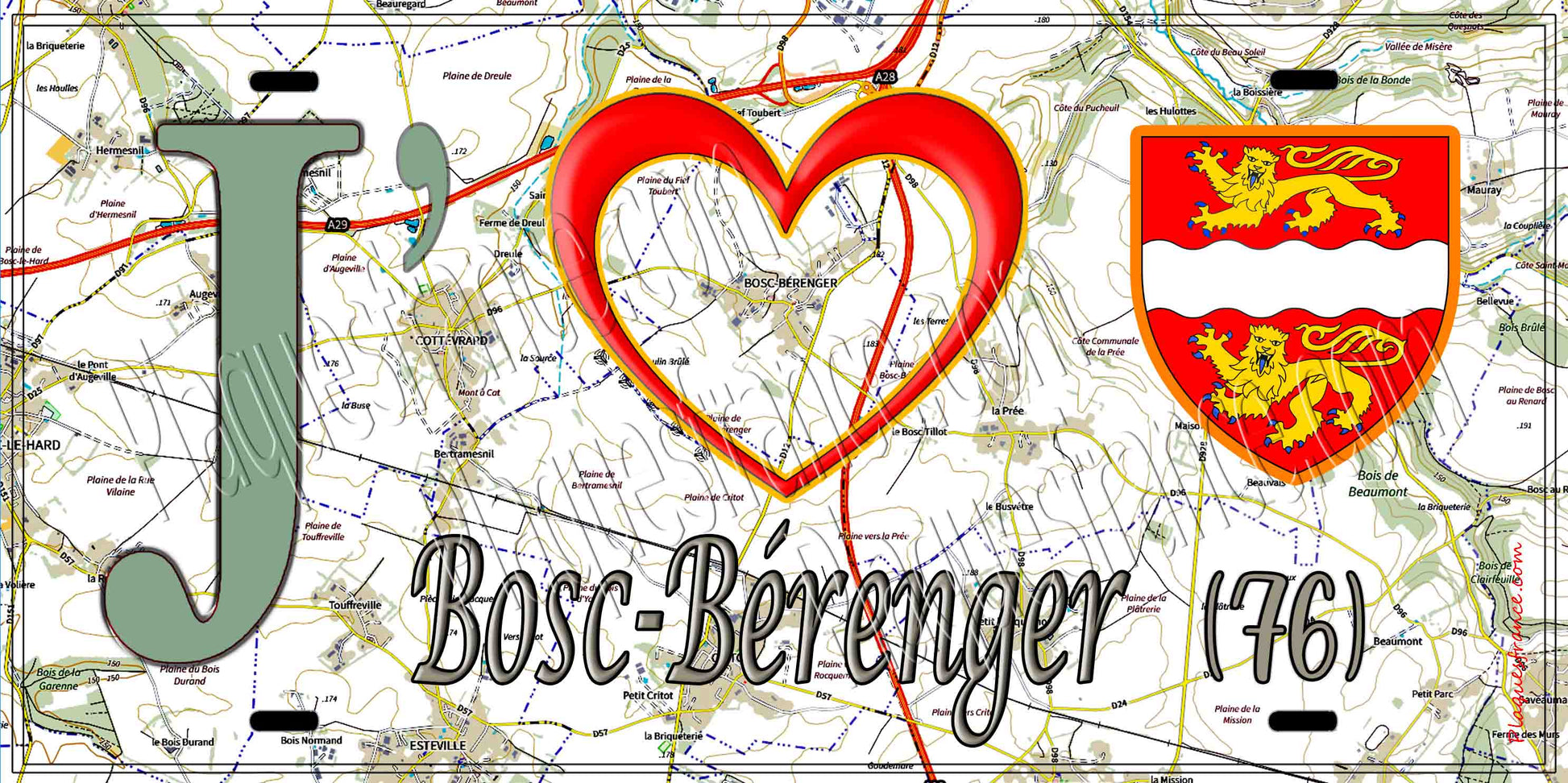 Plaque métal décorative 15X30 J' ❤️ Bosc-Bérenger, Seine Maritime (76) géo