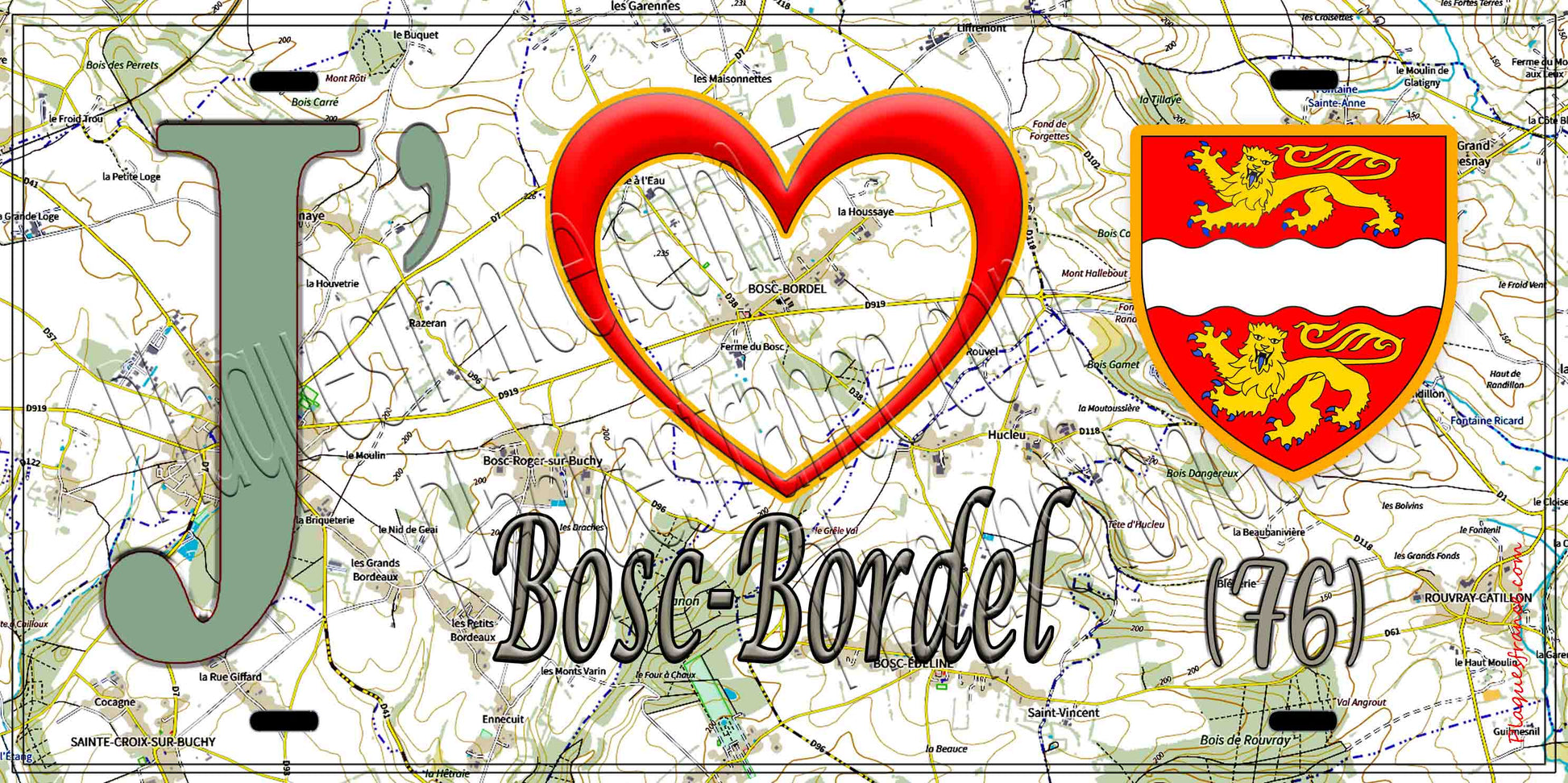 Plaque métal décorative 15X30 J' ❤️ Bosc-Bordel, Seine Maritime (76) géo