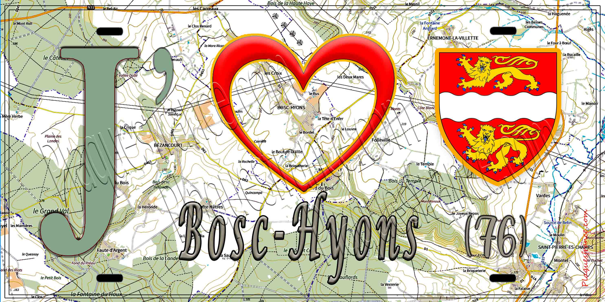 Plaque métal décorative 15X30 J' ❤️ Bosc-Hyons, Seine Maritime (76) géo