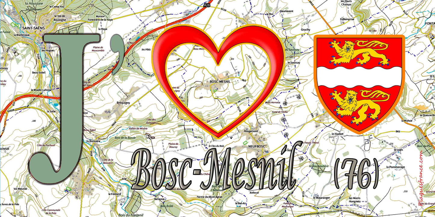 Plaque métal décorative 15X30 J' ❤️ Bosc-Mesnil, Seine Maritime (76)