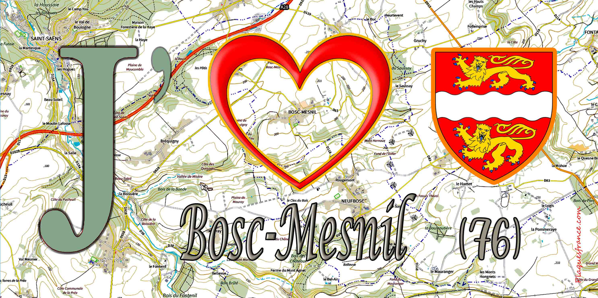 Plaque métal décorative 15X30 J' ❤️ Bosc-Mesnil, Seine Maritime (76)