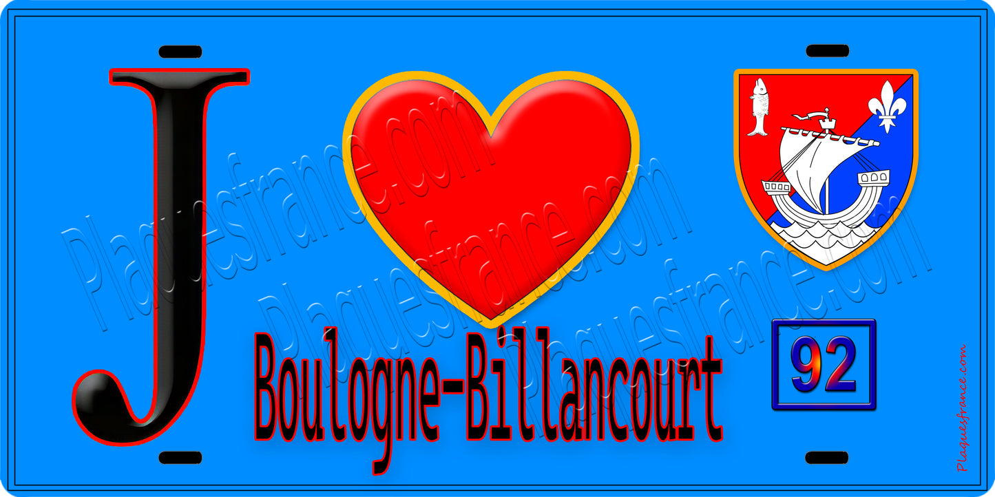 Plaque métal décorative  J' ❤️ Boulogne-Billancourt, Hauts de Seine (92) fond bleu