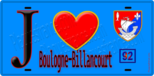 Plaque métal décorative  J' ❤️ Boulogne-Billancourt, Hauts de Seine (92) fond bleu