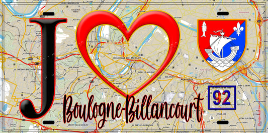 Plaque métal décorative  J' ❤️ Boulogne-Billancourt, Hauts de Seine (92) fond carte