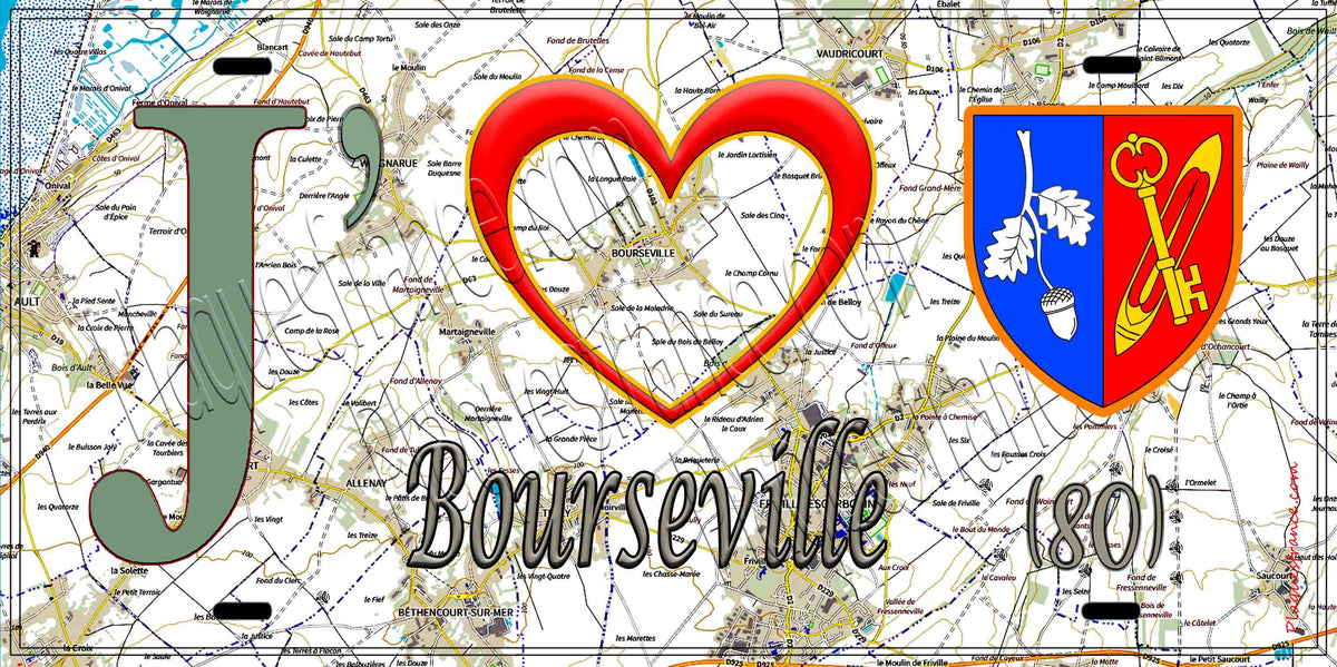 Plaque métal décorative 15X30 J' ❤️ Bourseville, Somme (80) géo