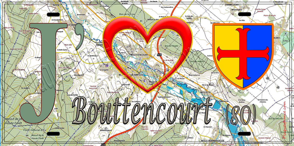 Plaque métal décorative 15X30 J' ❤️ Bouttencourt, Somme (80) géo