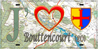 Plaque métal décorative 15X30 J' ❤️ Bouttencourt, Somme (80) géo