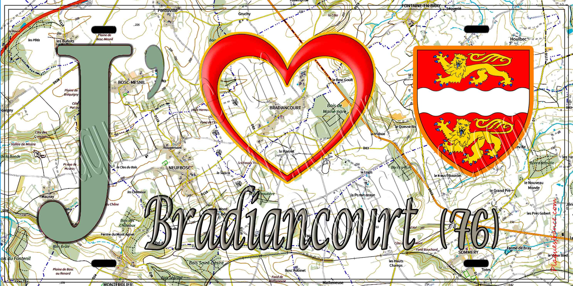 Plaque métal décorative 15X30 J' ❤️ Bradiancourt, Seine Maritime (76) géo