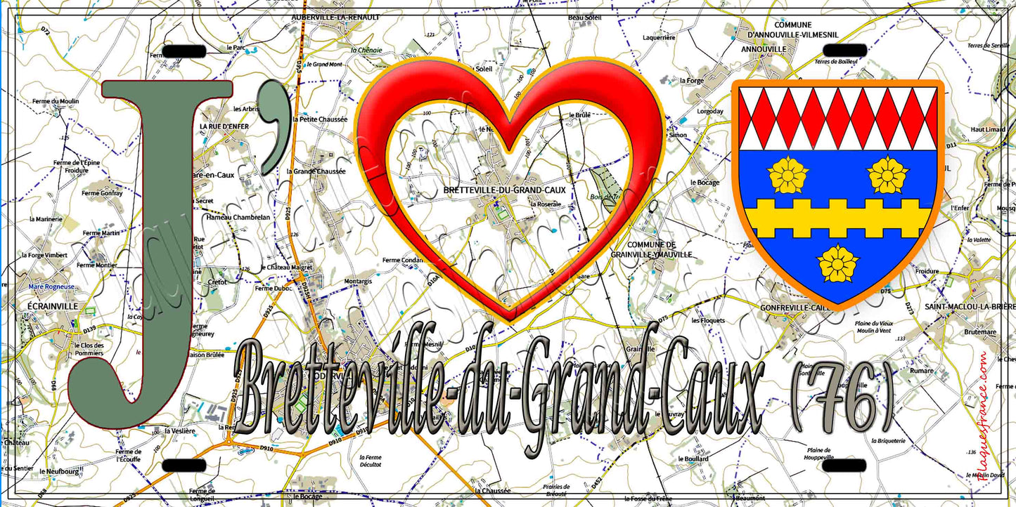 Plaque métal décorative 15X30 J' ❤️ Bretteville-du-Grand-Caux, Seine Maritime (76) géo