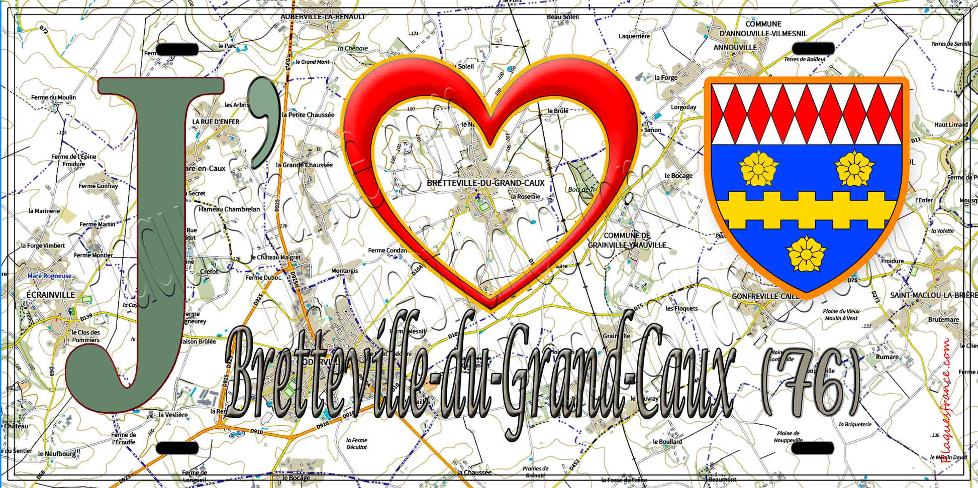 Plaque métal décorative 15X30 J' ❤️ Bretteville-du-Grand-Caux, Seine Maritime (76) géo