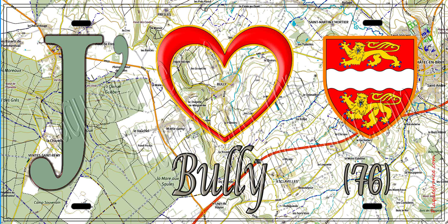 Plaque métal décorative 15X30 J' ❤️ Bully, Seine Maritime (76) géo
