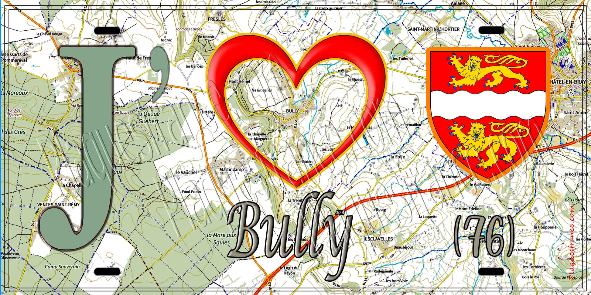 Plaque métal décorative 15X30 J' ❤️ Bully, Seine Maritime (76) géo