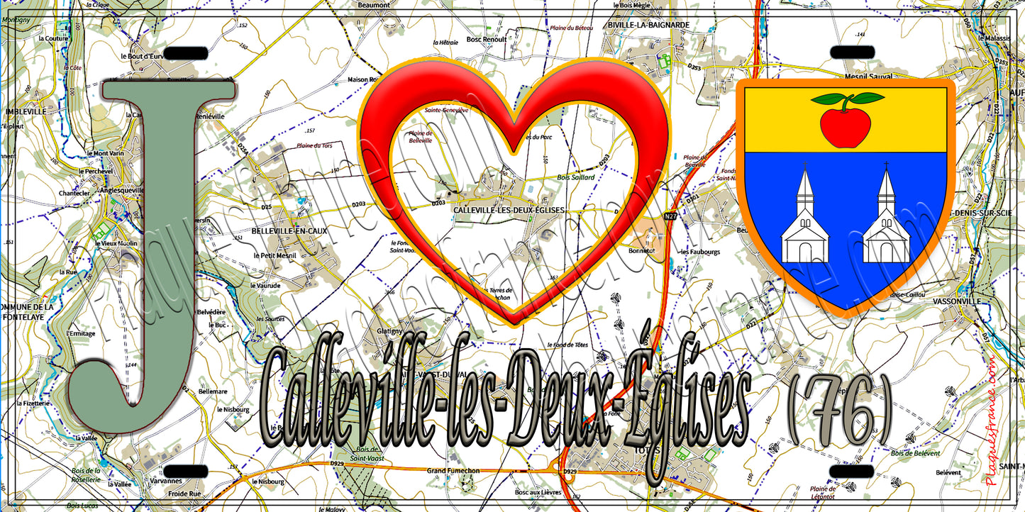 Plaque métal décorative 15x30 J' ❤️ Calleville-les-Deux-Églises, Seine Maritime (76) géo