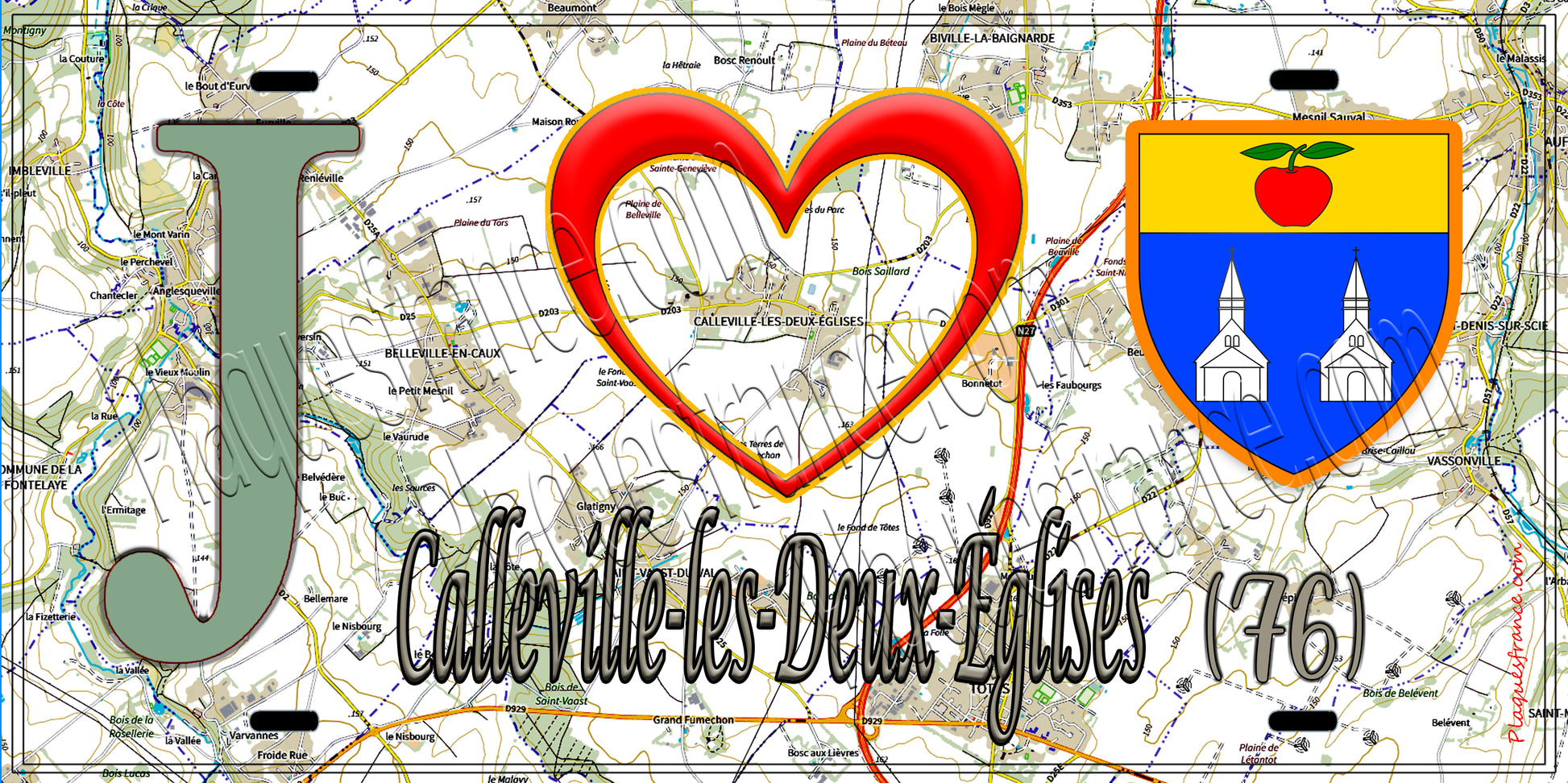 Plaque métal décorative 15x30 J' ❤️ Calleville-les-Deux-Églises, Seine Maritime (76) géo