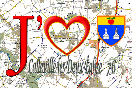 Plaque métal décorative 20 cm x 30 cm J' ❤️ Calleville-les-Deux-Églises, Seine Maritime (76)