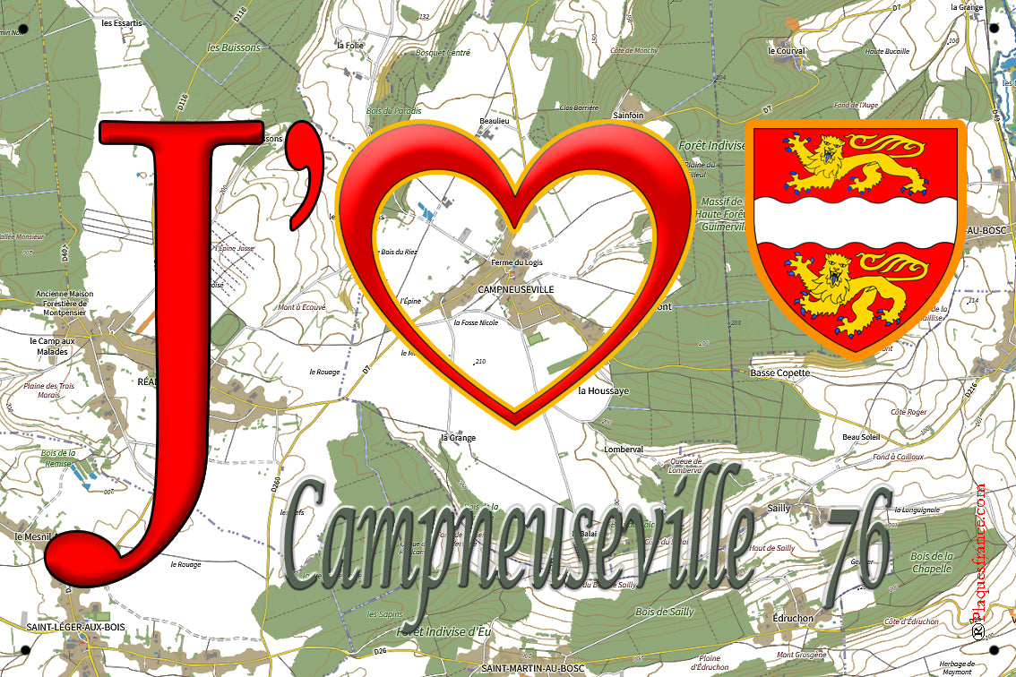 Plaque métal décorative 20 cm X 30 cm J' ❤️ Campneuseville, Seine Maritime (76)