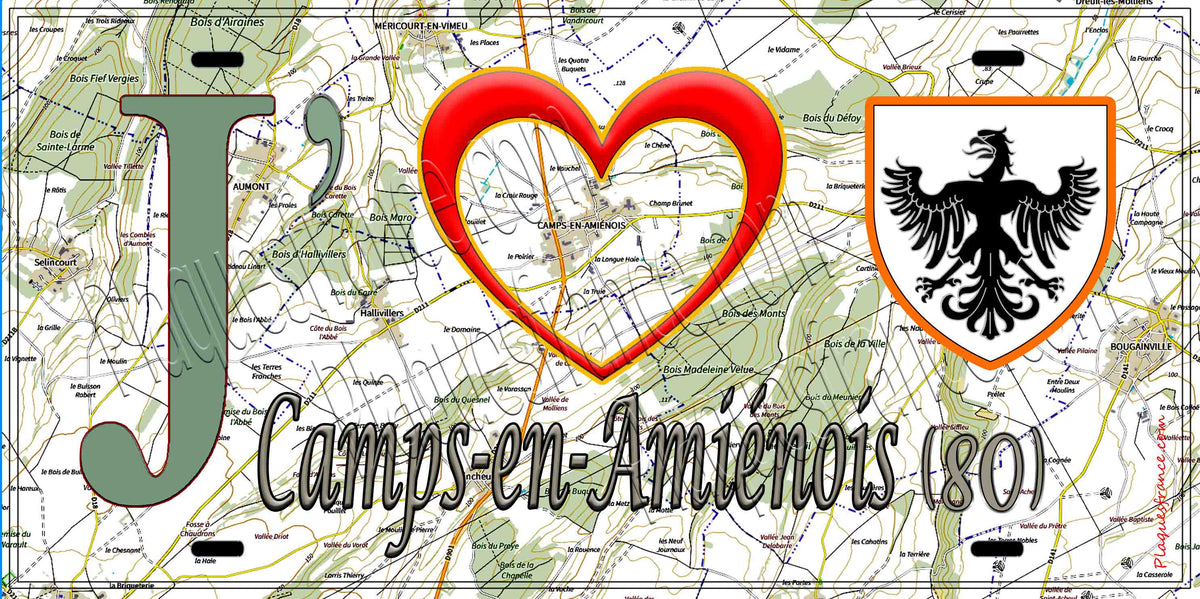Plaque métal décorative 15X30 J' ❤️ Camps-en-Amiénois, Somme (80) géo