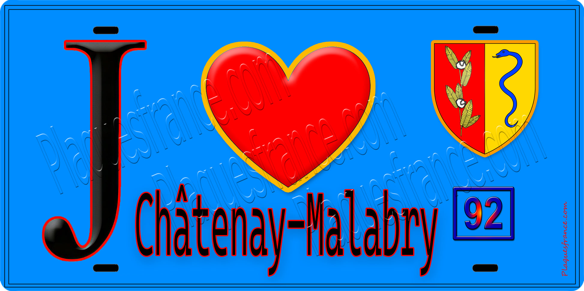 Plaque métal décorative  J' ❤️ Châtenay-Malabry, Hauts de Seine (92) fond bleu